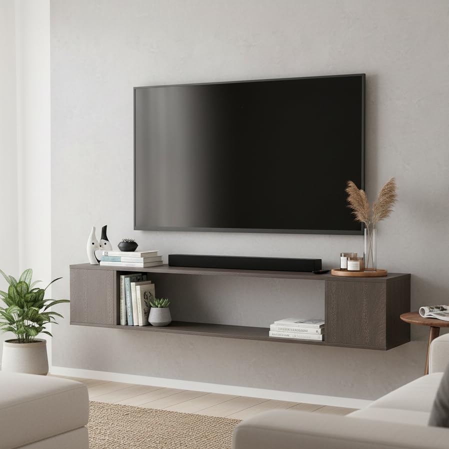Image of FURNEASER Ether Modern Wall Mounted TV Unit with Floating Shelf | Wooden TV Entertainment Unit for Living Room | Engineered Wood Media Console for 43,50, 55 to 65 Inch TV (Wenge)