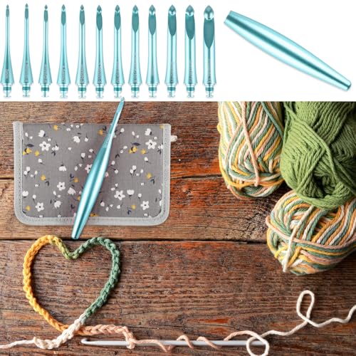 Image of Svartur Interchangeable Crochet Hook Set with 12 Hooks - Ergonomic Crochet Hooks Large Handle, US Sizes E-4 to N-15 (3mm-10mm), Smooth & Lightweight, Crochet Kit with Storage Case, Blue