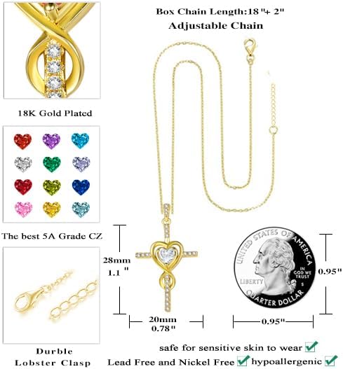 Cross Necklace for Women 14K Gold Plated Dainty Heart Birthstone Pendant Infinity Necklaces Religious Jewelry Christian Baptism Faith Anniversary Birthday Gifts for Wife Mom - Image 3