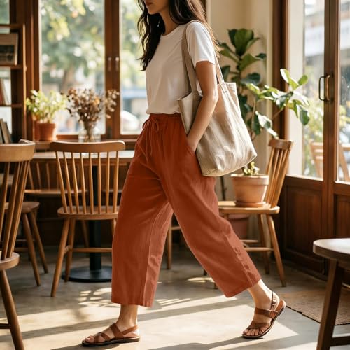 LIKEOULI Linen Capri Pants for Women Wide Leg Elastic Waist Cropped Straight Pants Dressy Casual Palazzo Trousers — view 6