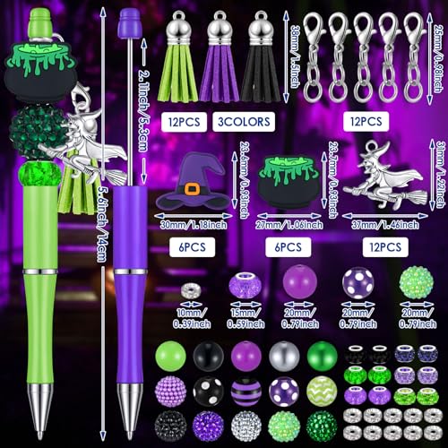 Jutom 12 Pcs Halloween Beadable Pens with Focal Silicone Beads Witch Cauldron Purple Green Bead Crafting DIY Making Pens Kit for Office School Christmas Holiday Gift Bulk