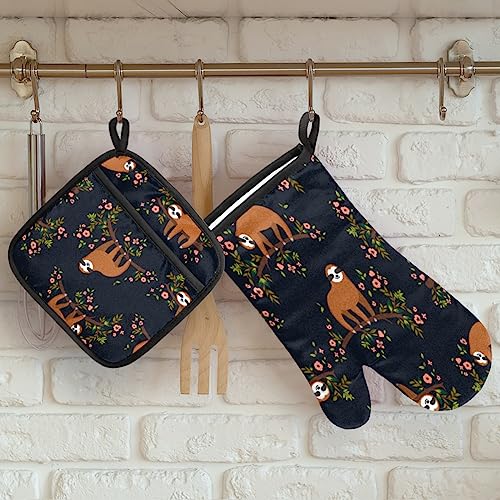 Cute Sloth Oven Mitts And Pot Holders Sets Floral Tree Oven Mits Mittens Heat Resistant Potholders Oven Gloves Hot Pad For Baking Cooking Kitchen Grilling Bbq Gifts 4 Piece Set #TOP3