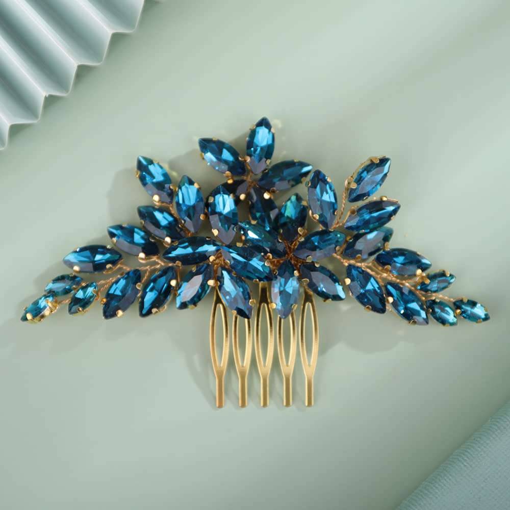Flower Rhinestone Hair Comb Teardrop Rhinestone Wedding Headpiece Handmade Crystal Bridal Hair Comb Wedding Hair Accessories for Women (peacock blue)