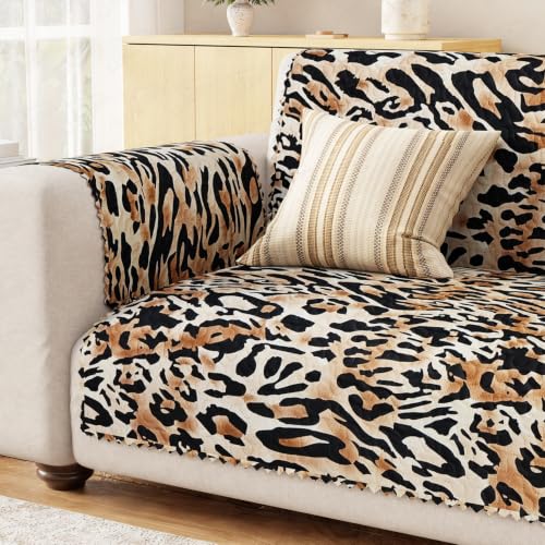 Image of Lukzer 3 Seater Sofa Cover Quilted Reversible WaveEdge Ultrasonic Cut Sofa Mat with Back and Hand Rest Covers - Leopard Print - Washable Sofa Protector for Modern Living Room 180 x 150 CM /SC-220-03WB