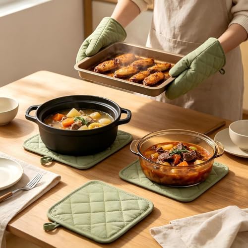 Ofenhandschuhe und Topflappen, 4-teiliges Set, hohe Hitzebeständigkeit, 500 Grad, extra dick, lang, Küchen-Baumwoll-Ofenhandschuh zum Kochen (30,5 cm, grün)