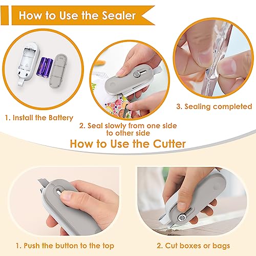 FEPPO Mini Bag Sealer, Bag Sealer with Cutter 2 in 1 Heat Sealer, Portable Chip Sealer Handheld Food Sealer Mini Sealing Machine For Plastic Bags Chip Bags Food Storage (Battery Included)