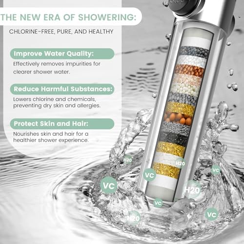 Filtered Shower Head avec Pompe à Main, Haute Pression, Multiple Jets de Bain avec Interrupteur ON/OFF et Filtres d'Atté