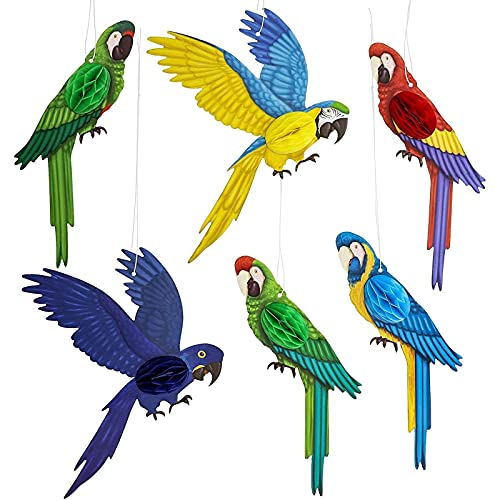 Juvale Hanging Parrot Paper Honeycomb Decorations for Tropical Birthday Party (6 Pack)