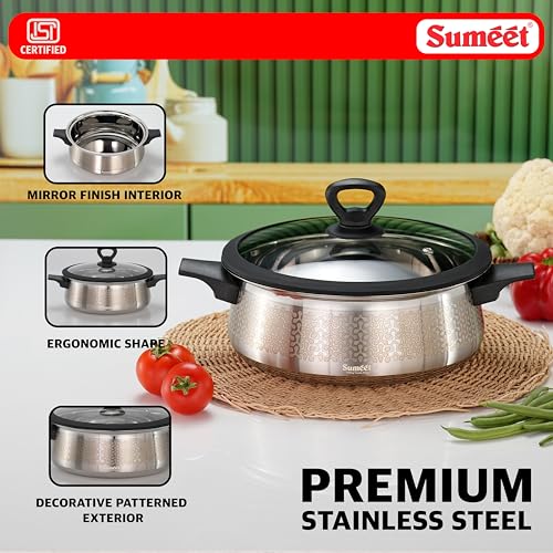 Image of Sumeet ISI Certified Stainless Steel Cook & Serve Designer Shallow Biryani Pot /Casserole with Glass Lid |Induction and Gas Compatible | Capacity - 3500ml -Dia - 25cm, Silver
