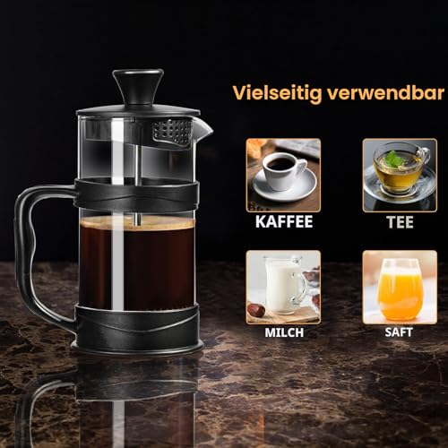 ParaCity French Press Kaffeebereiter, Kaffeepresse aus Edelstahlfilter und hitzebeständigem Glas, Kaltbrüh-Kaffeemaschine, gut als Geschenk für Reisen und Zuhause (Schwarz 350 ml)