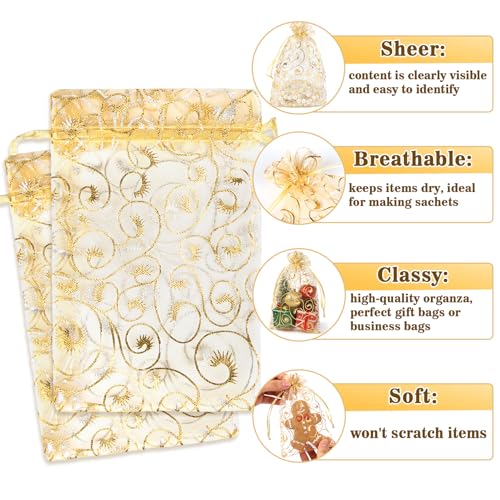 Image of Sukh Gold Organza Bags 5''x7'' - 100PCS Shiny Sheer Mesh Drawstring Bags for Jewelry, Soap, Fruits, Candy, Small Gift Bags for Weddings, Valentine's Day, Mother's Day, Halloween, Thanksgiving, Christmas