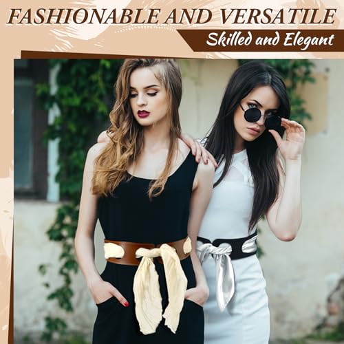 Reversible Scarf Waist Belt Leather Black and Tan Accessory 27.5 in Wide Leather Belts for Women Fashion Ladies Belts for Dress Prom Formal Without Silk Scarf, 2 Styles in One Belt4