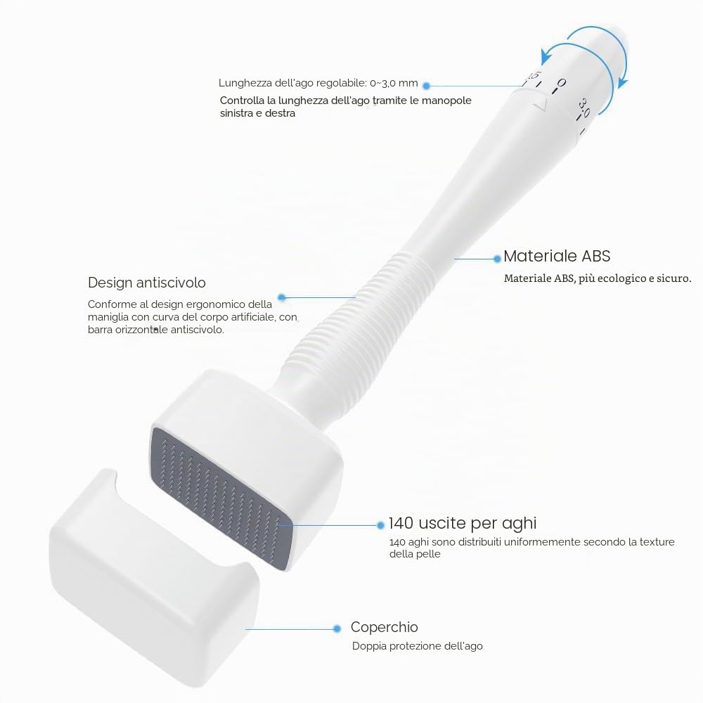 Timbro Dermastamp Derma Stamp Regolabile 0-3 mm Professionale Dermastamp Microneedling Regolabile 140 perni in Iitanio Microneedle Dermapen Derma Roller per capelli, barba, viso, corpo