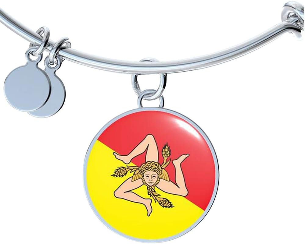 P.S. I Love Italy Sicilian Flag With Circle Charm Bangle - Great Italian Themed Jewelry Gift - Shatterproof Glass Bangle on Surgical Steel Fashion Bracelet - Engraving Available