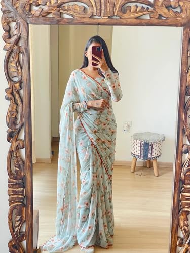 Image of StyleScope Women's Georgette Printed Lace Bordered Ready To Wear One Minute Saree With Print Unstitched Blouse Piece (RTW Mix Free Size)