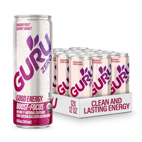 Image of GURU ZERO SUGAR Dragon Fruit Cherry Sorbet Organic Energy Drink with Plant Based Natural Caffeine from Green Tea, Coconut Water, Prebiotic, Zero Added Sugars, Gluten Free & Vegan, Pre Workout, 140MG Caffeine, 12 Oz, Pack of 12