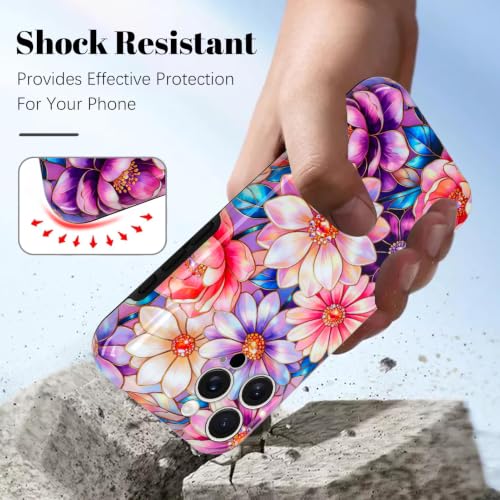 Image of Magnetic for iPhone 16 Pro Max Case for Women Girl, Colorful Floral | Stylish Flower Pattern Design [Compatible with MagSafe] [Full Camera Protection] 2-Layer Hybrid Shockproof Glossy Phone Case
