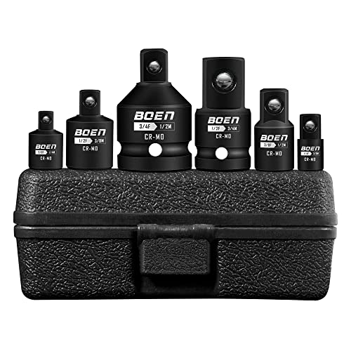 BOEN 6 Piece Impact Socket Adapter Set, 1/4" 3/8" 1/2" 3/4" Drive Socket Reducer Set with Durable Case, CR-MO, Reducer Converter Impact Adapter Set for Impact Driver Conversions