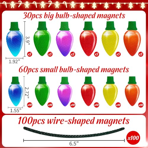 Image of 190PCS Christmas Car Refrigerator Decorations - 90 Reflective Bulb Light Shaped Magnets 100 Magnetic Wires Ornaments Set Xmas Holiday Cute Decor