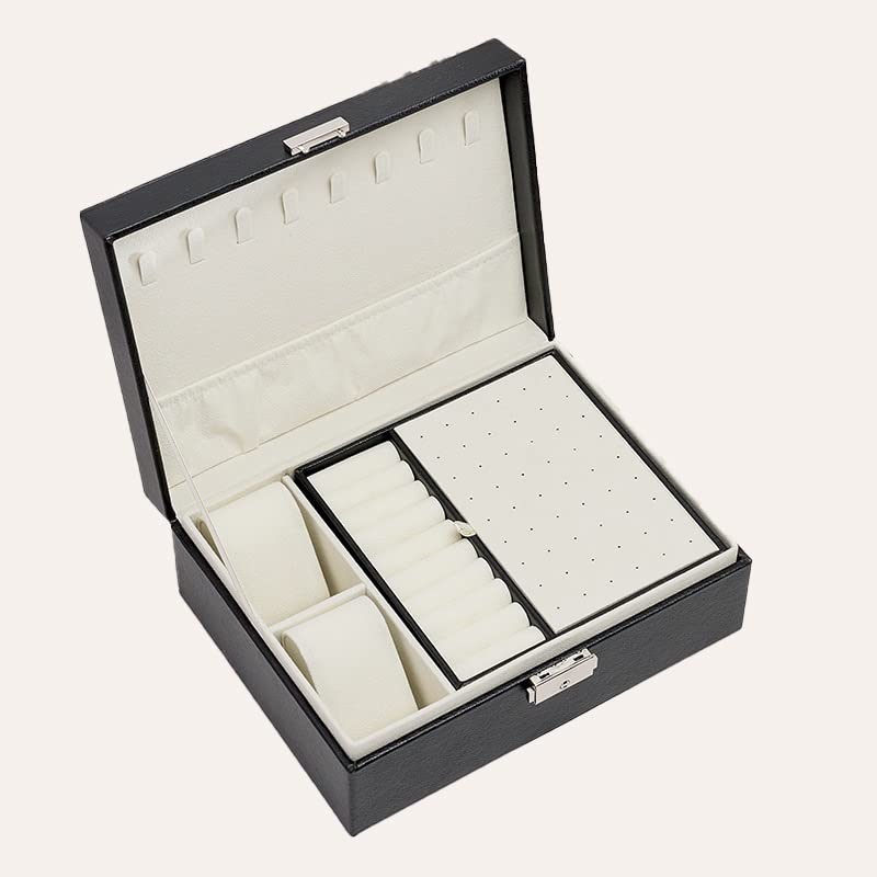 DUMMKZMC Jewelry Box ，Two Layer Jewelry Display Storage Holder Case ，Leather Jewelry Organizer for Ring, Pendant, Earring, Necklace，Watch (Color : Black)