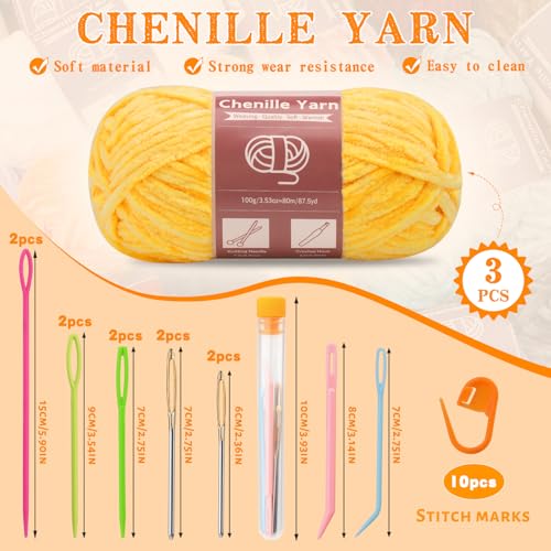 Image of LUNARM Chenille Yarn 3 Pack 3.5oz Chunky Blanket Velvet Yarn 263 Yard | Yellow Velvet Chunky Chenille Yarn for Beginners Crocheting Hand Knitting Scarves with Big Eye Needles Machine Washable