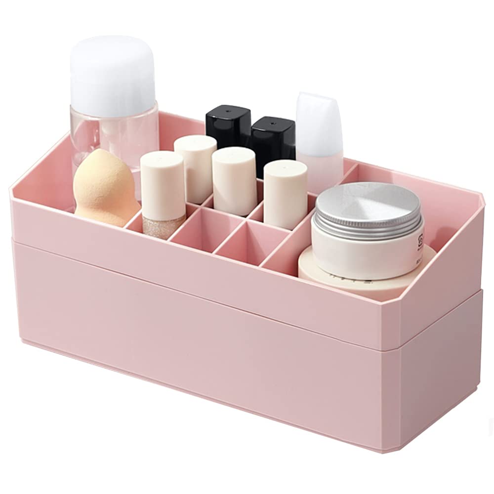 DalanpaMakeup Organizer, Stackable Multi-Cell Organizer, Lipstick Storage Cosmetic Organizer for Dressing Table, Double Layer, Pink