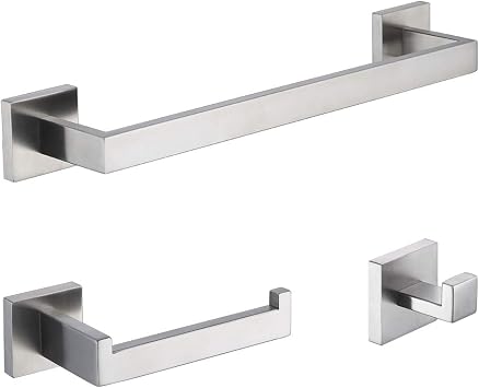 TASTOS 3-Piece Bathroom Hardware Set Brushed Nickel Wall Mounted Bathroom Accessory Set, Premium Stainless Steel Robe Hook Toilet Paper Holder 16-Inch Towel Bar Silver
