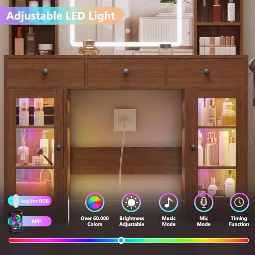 Image of Walnut Vanity Desk with Mirror and Lights, Glass Top Vanity with Lighted Mirror & RGB Cabinet and 3 Drawers, Dressing Table with 8 Shelves, Makeup Desk with Lights for Girls Bedroom, 3 Color Modes
