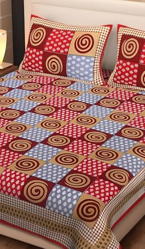 Image of Pure 100% Cotton Double Bed Sheet with 2 Pillow Covers (Bedsheet for Double Bed Cotton, Multicolour Jaipuri, Double Bed Sheet (Red & Grey, 90X100 Inch)