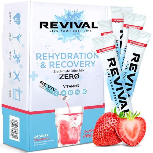 Revival Zero Rehydration Electrolytes Powder - Sugar Free Hydration Sachet Drink with Vitamins C, B1, B3, B5, B12 - Nutritional Supplement (14 Servings (Pack of 1), Strawberry)