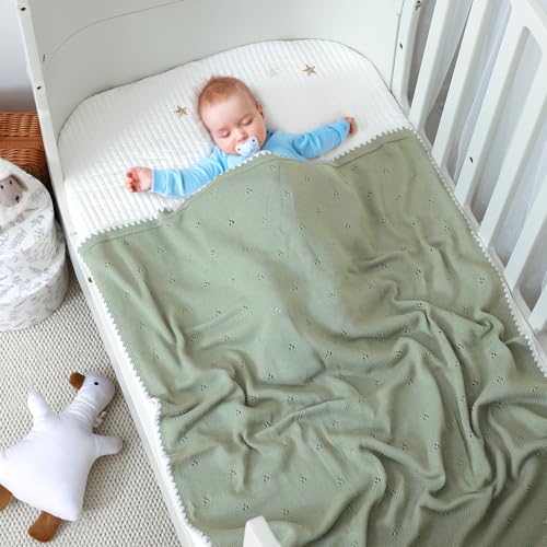 Image of Baby Blanket Knit Ultra Soft Swaddle Receiving Blankets for Boys & Girls Cotton Knitted Newborn Infant Toddler Nursery Crib 30 x 40 Inch