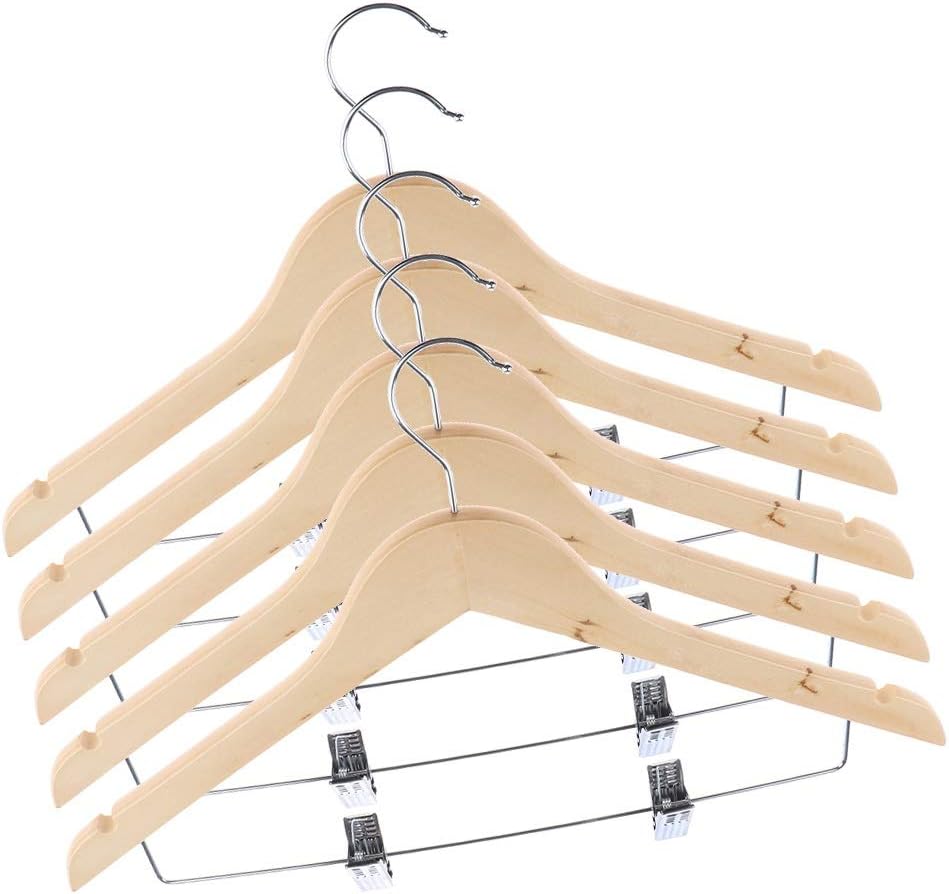 5PCS Wooden Hangers Coats Suit Garment Clothes Wardrobe Wood Hanger, with Clips Craft Making