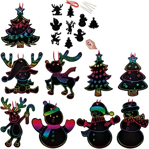 JOYIN 72 PCS Rainbow Color Scratch Christmas Ornaments, Craft Kit Toys Include Snowman, Christmas Tree, and Reindeer Scratch Off Cards Hanging Ornament for Kids Christmas Party Favor