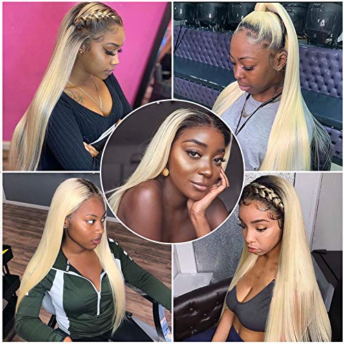 34 Inch Straight Long Hair Dark Roots #1B/613 Ombre Lace Front Human Hair Wig For Black Women 2 Tones 13X4 Free Part 100% Remy Hair Wig Pre Plucked With Baby Hair 613 Half Hand Made Lace Frontal Wigs #TOP5
