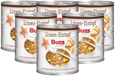 Buss Klassischer Linseneintopf, Würziger Suppentopf, 6 x 800g | Mit Linsen, Gemüse und magerem Schweinefleisch - Lang haltbare Fertiggerichte zum Aufwärmen in Mikrowelle & Topf
