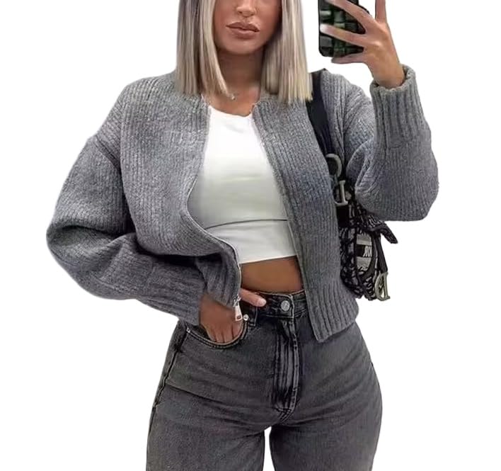 Women's Zip Up Cardigan Sweaters Crew Neck Long Sleeve Crochet Sweaters Winter Trendy Zipper Cardigan Knitwears