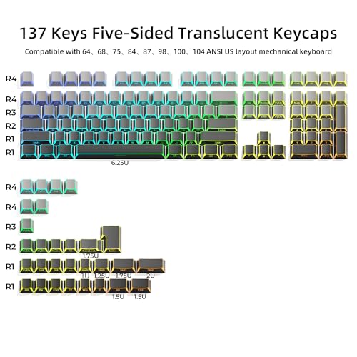 Image of XVX Shine Through PBT Keycaps, Gradient Gray Keyboard Keycaps Cherry Profile, Custom Side Printed Keycap Sets Suitable for 60% 65% 75% 80% 100% Mechanical Keyboard