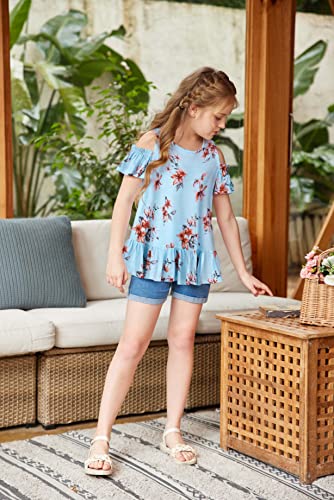 Arshiner Girls T-Shirts Short Sleeve With Cold Shoulder Ruffle Hem Blouse Cute Floral Print Tee Tops #TOP1