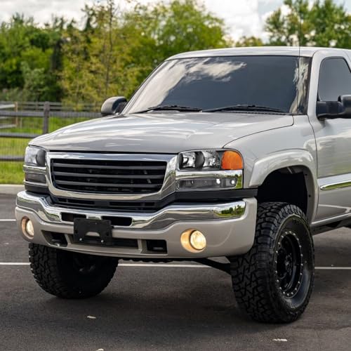 Image of 00-06 GMC Yukon Black Housing Headlights Assembly fit 1999-2006 GMC Sierra 1500 /2500 /3500 Headlamp Amber with Reflector Replacement Driver & Passenger(Bulb not included)