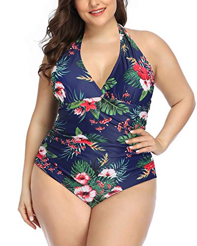 Daci Women Blue Floral Plus Size Swimsuits Tummy Control Halter V Neck One Piece Bathing Suits Sexy Swimwear 18 Plus