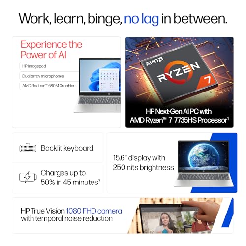 Image of HP 15, AMD Ryzen 7 7735HS (16GB DDR5,512GB SSD) FHD, Anti-Glare, Micro-Edge, 15.6'' /39.6cm, Win11, M365 Basic(1yr)* Office24, Silver, 1.59kg, fc1038AU, AMD Radeon FHD Camera w /Shutter, Backlit Laptop