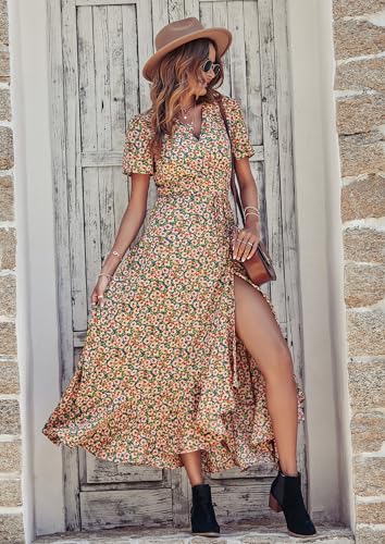PRETTYGARDEN Women's Summer Maxi Dress Casual Wrap Floral Boho Short Sleeve V Neck Split Ruffle Beach Long Dresses