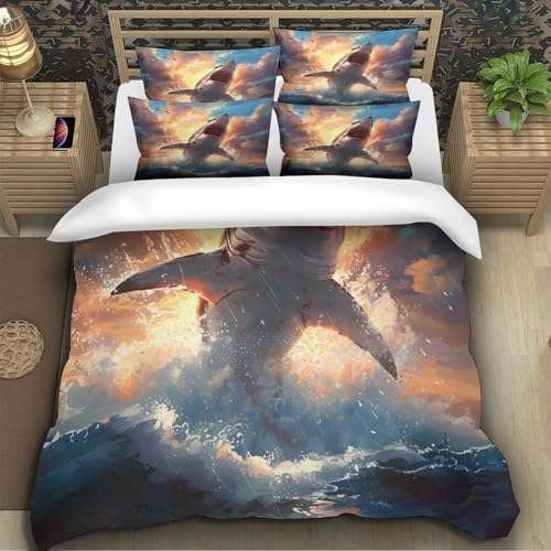Housse de couette requin blanc douce et résistante avec fermeture éclair pour lit double