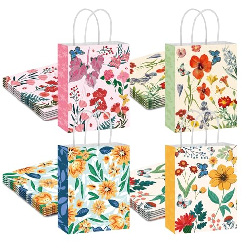 woric 20 Pack Floral Gift Bags with Handles 4 Styles Vintage Flower Paper Bag Bulk for Spring Party Favors Weddings Graduation Baby Shower Birthday(8.26x6.29x3.14)