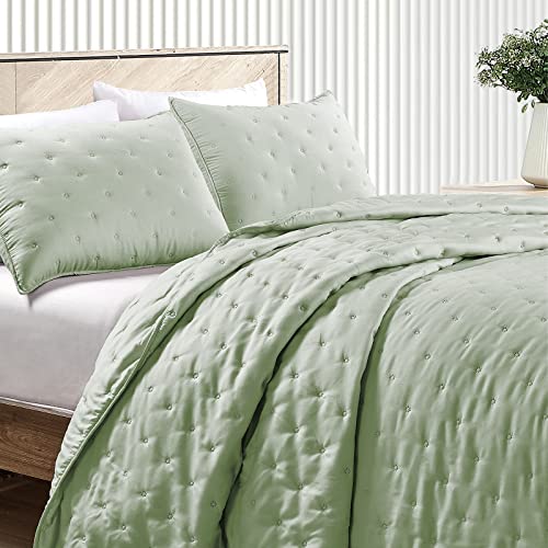 Mocaletto Reversible Quilts Set King Size, 3 Piece Sage Green Quilt With Pillow Shams, Point Pattern Microfiber Bedspread, Lightweight Soft All Season Coverlet For Bedroom,Hotel &Gift #TOP1