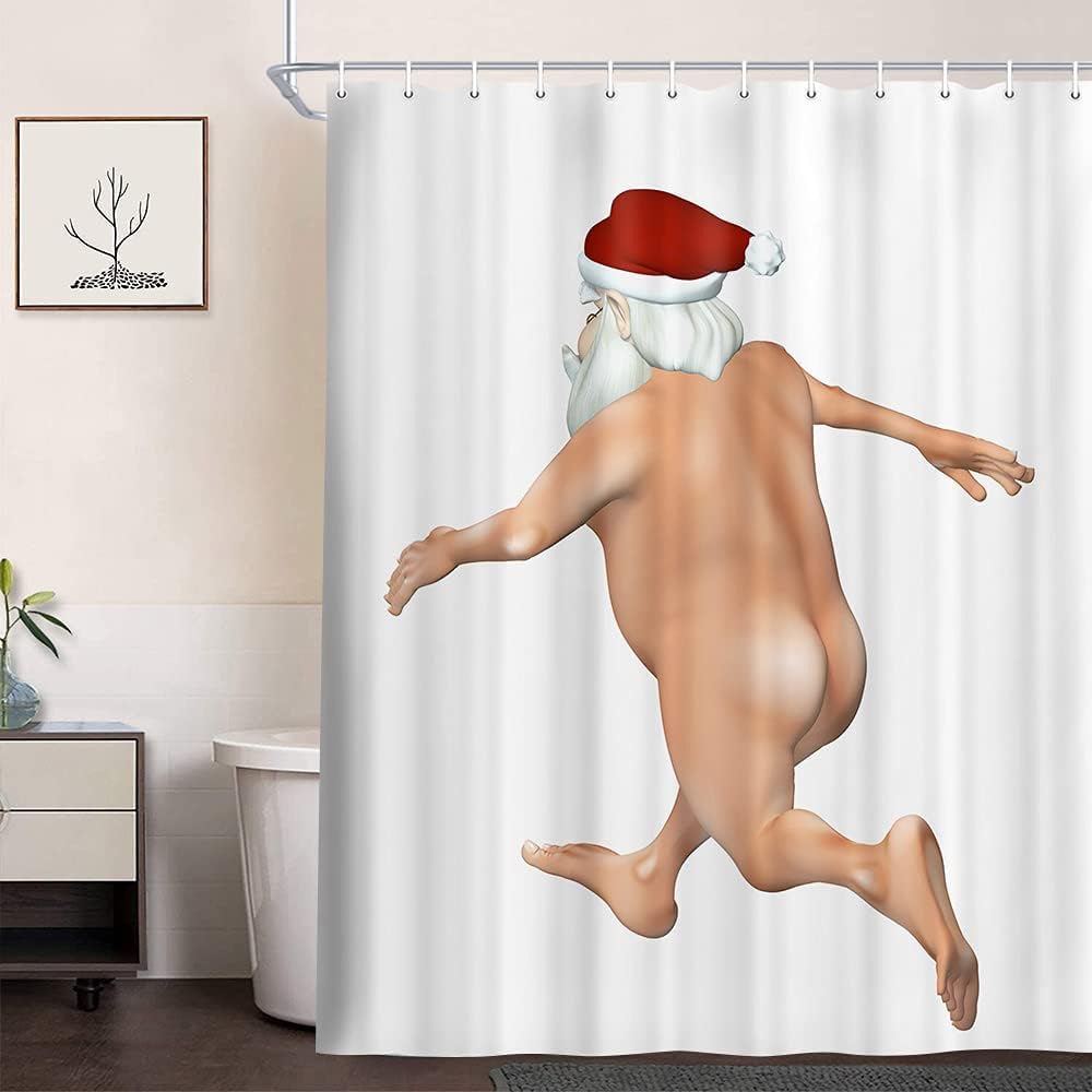Funny Christmas Shower Curtain, Cute Crazy Naked Streaking Santa Claus Shower Curtains for Bathroom, Modern Happy New Year Waterproof Washable Fabric Bath Curtain for Home Bathroom Decorations,72X72in