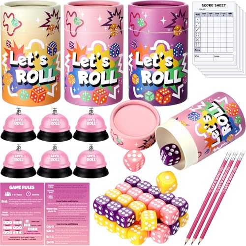 RoundFunny 3 Sets Dice Game Kit Complete Party Supply Pink Purple Yellow