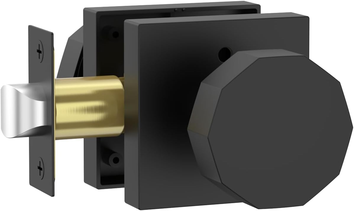 Amerdeco 3 Pack Privacy Door Knobs Matte Black Door Knobs Interior Heavy Duty Bedroom and Bathroom Door Locks Square Base Round Door Knob AM0026