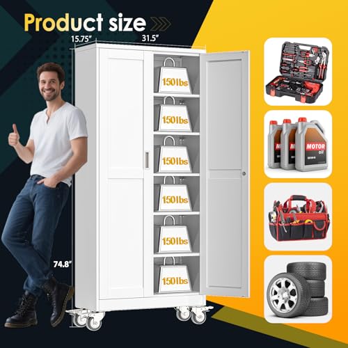 PAOFIN 75''H Metal Garage Storage Cabinet with Wheels,Steel File Cabinets with 2 Doors and 5 Adjustable Shelves for Home Office, Warehouse, Required Assembly,White - Image 3