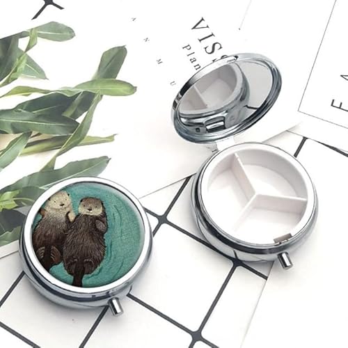 Luxsweet Pill Box,Pill Case For Purse Pocket Pill Organizer With 3 Compartments Silver 2.1 Inches Portable Vitamin Medicine Case Holder (Cute Sea Otter) #TOP3